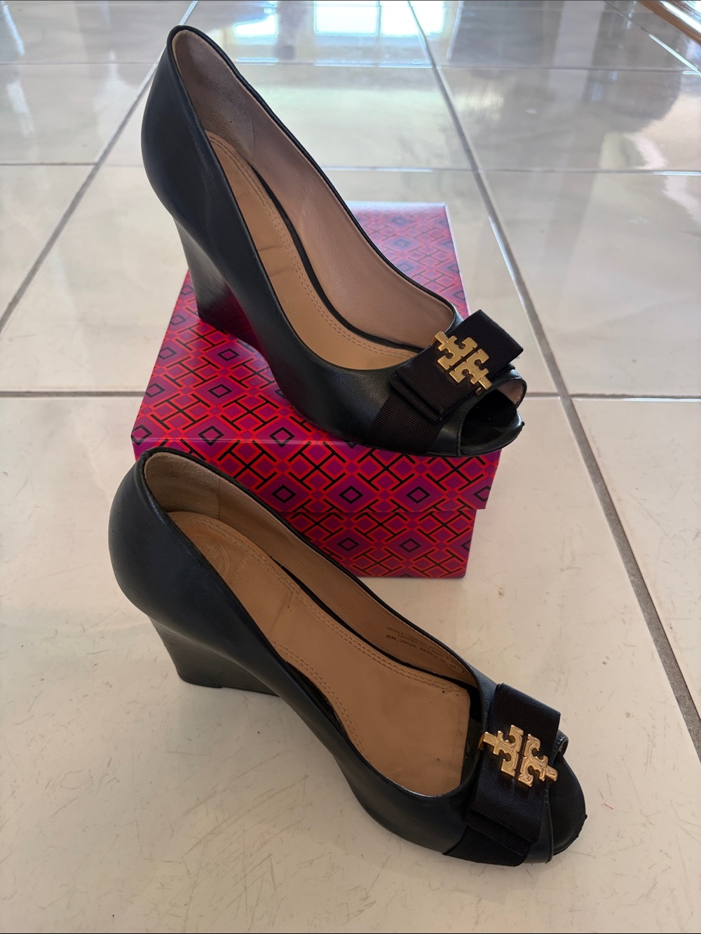 Tory Burch Black Peep-Toe Wedge with Gold Logo Bow
